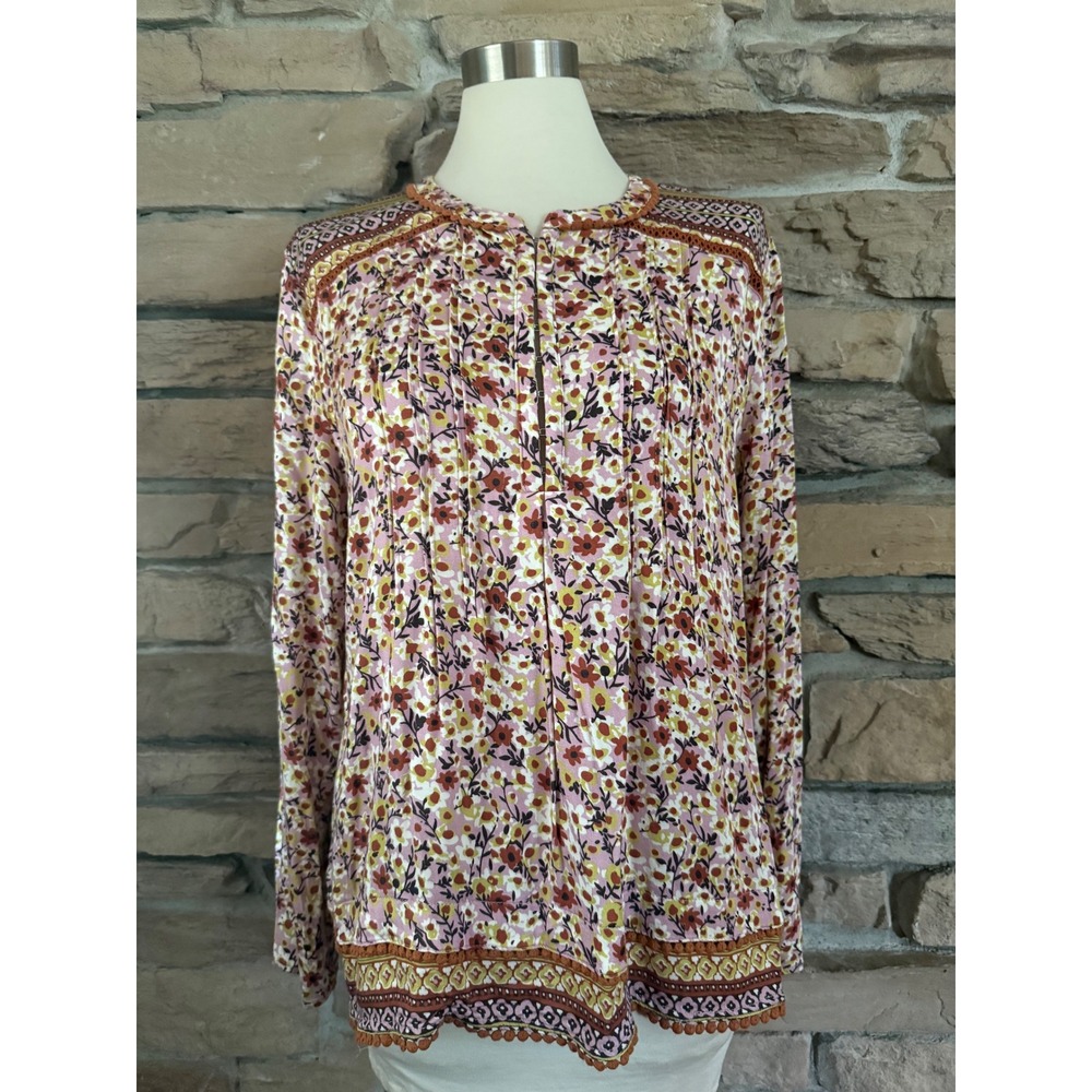 Tribal Jeans Pink Floral Boho Long Sleeve Blouse Pom Pom Trim Large 7916A-1434